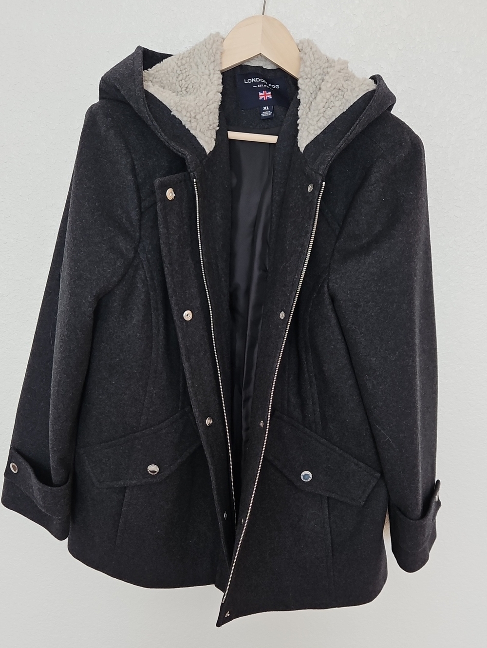 Womens London Fog Woolen Coat with Sherpa Lined Hood ~ Size XL